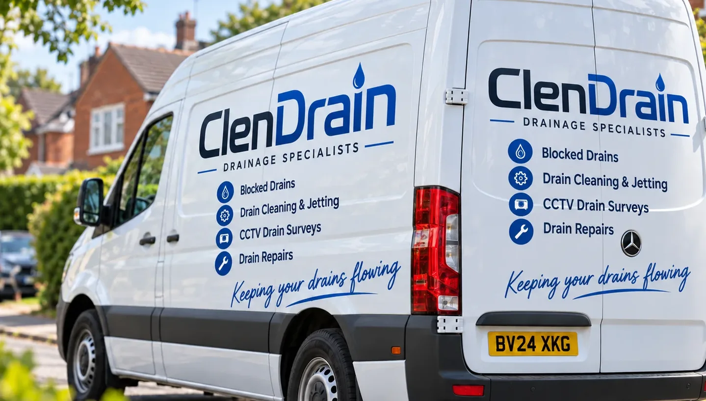ClenDrain signwritten drainage van on a residential street