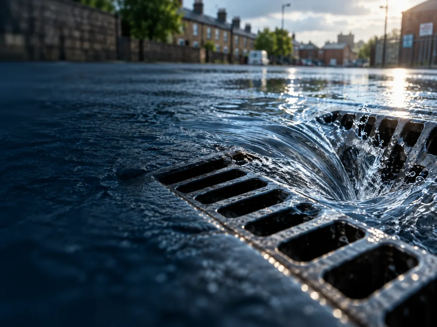 Water swirling rapidly into a street drain
