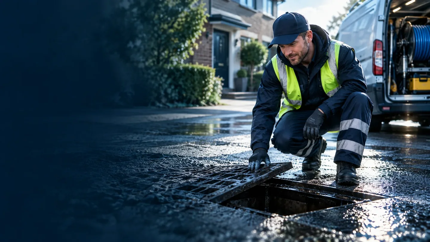 Professional drainage engineer inspecting an open drain beside a service van