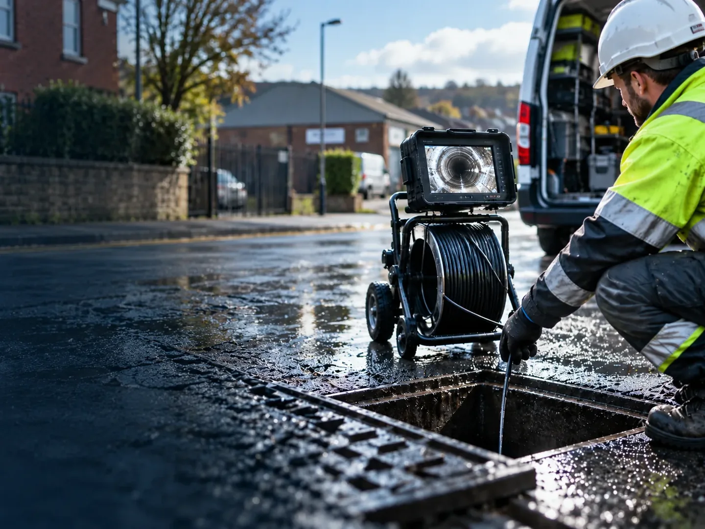 Drainage engineer carrying out a CCTV drain inspection