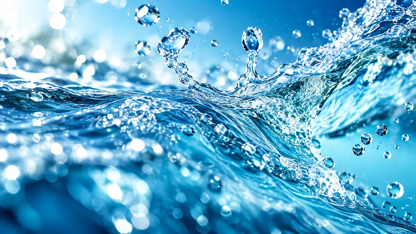 Bright close-up of clean blue water splashing