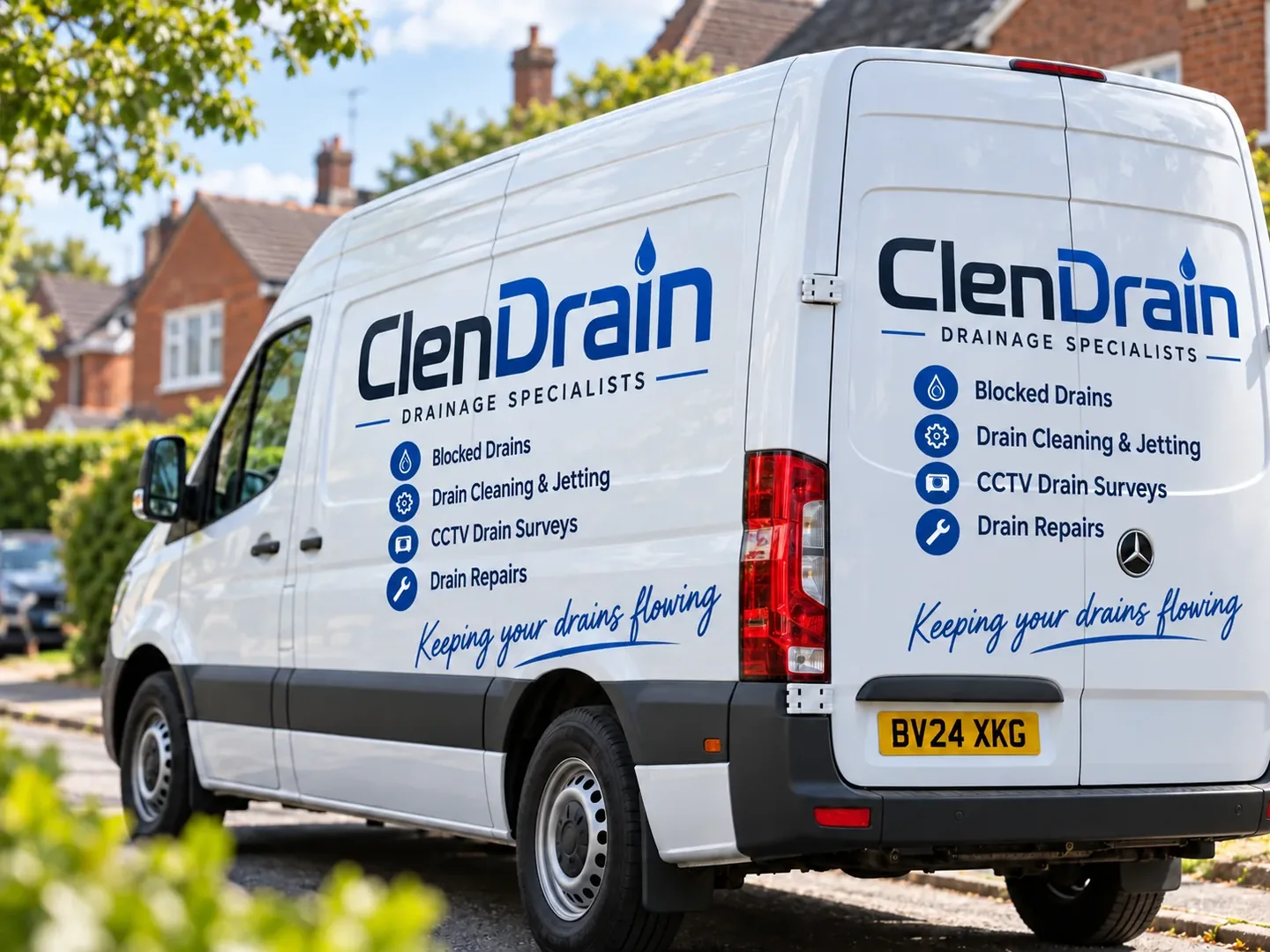 ClenDrain signwritten drainage van viewed from the rear on a residential street