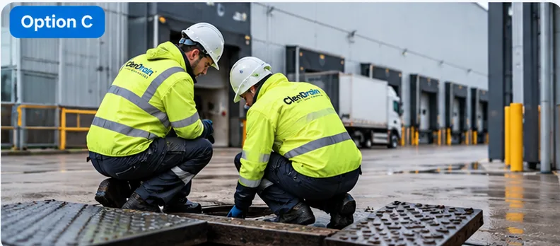 Commercial drainage engineer working beside a ClenDrain service van